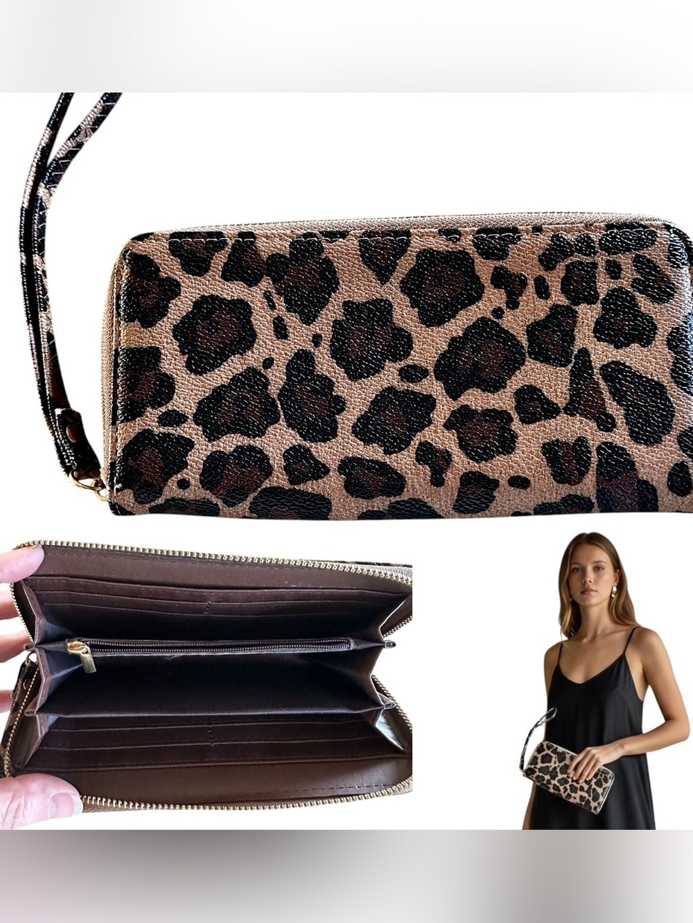 Leopard Print Zip-Around Wristlet Wallet - Brown